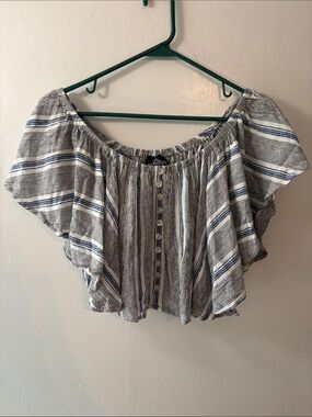 Angie Blue & White Striped Off-Shoulder Crop Top Size Large